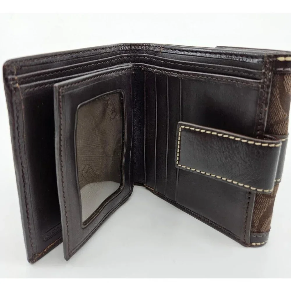 Coach Dark Chocolate Brown Signature Canvas Leather Tri-Fold Snap Wallet - Picture 7 of 13